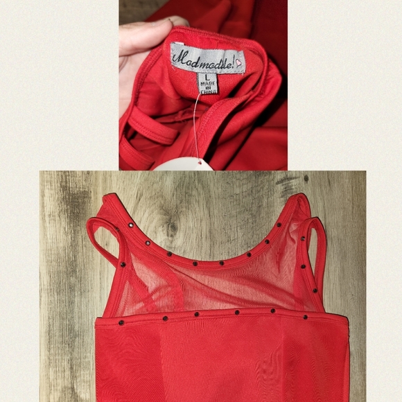 Mod Modele Beautiful Red strapless dress with sheer neck and ruffled waist SZ L - Picture 3 of 3